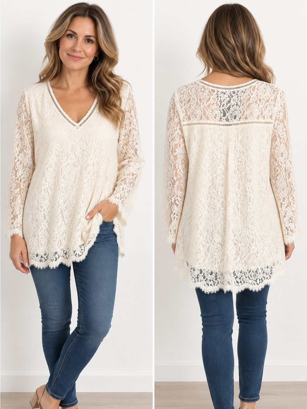 Ivory Floral Lace Long Sleeve Tunic Blouse – Estimated Large
A1-13
